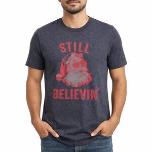 Heather Blue Tee with Red Santa “Still Believin’” Graphic Size M